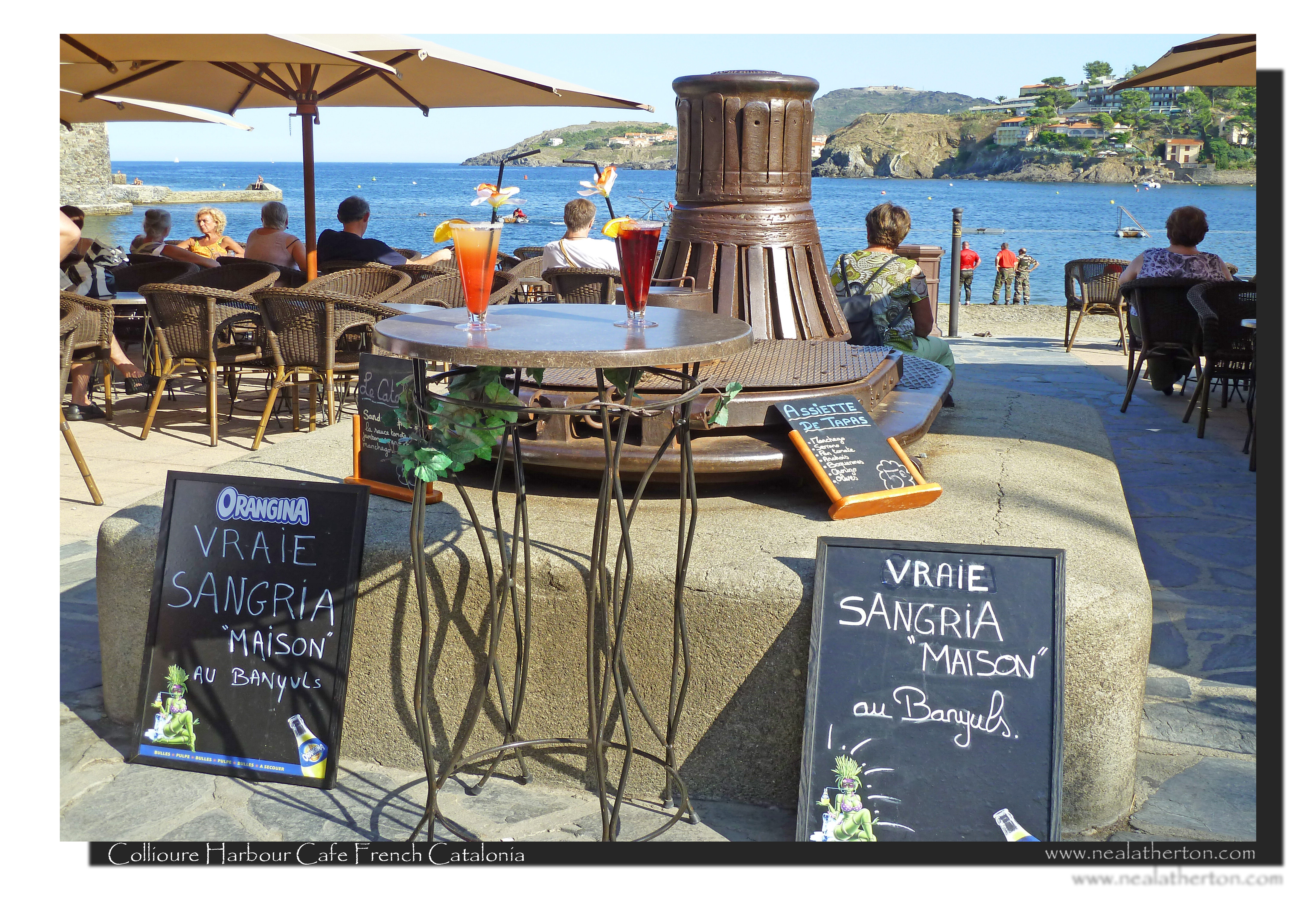 Alt="Collioure Cafe Beach front picture for French travel non fiction guide books"