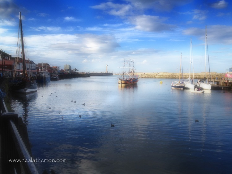 Alt="harbour with yachts and sailing ship in Whitby harbour Yorkshire"
