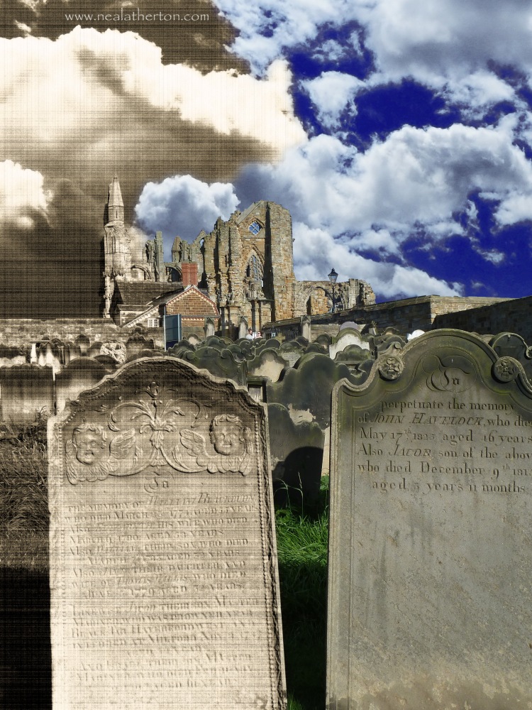 Alt="gravestones in church yard by Whitby abbey ruins Yorkshire"