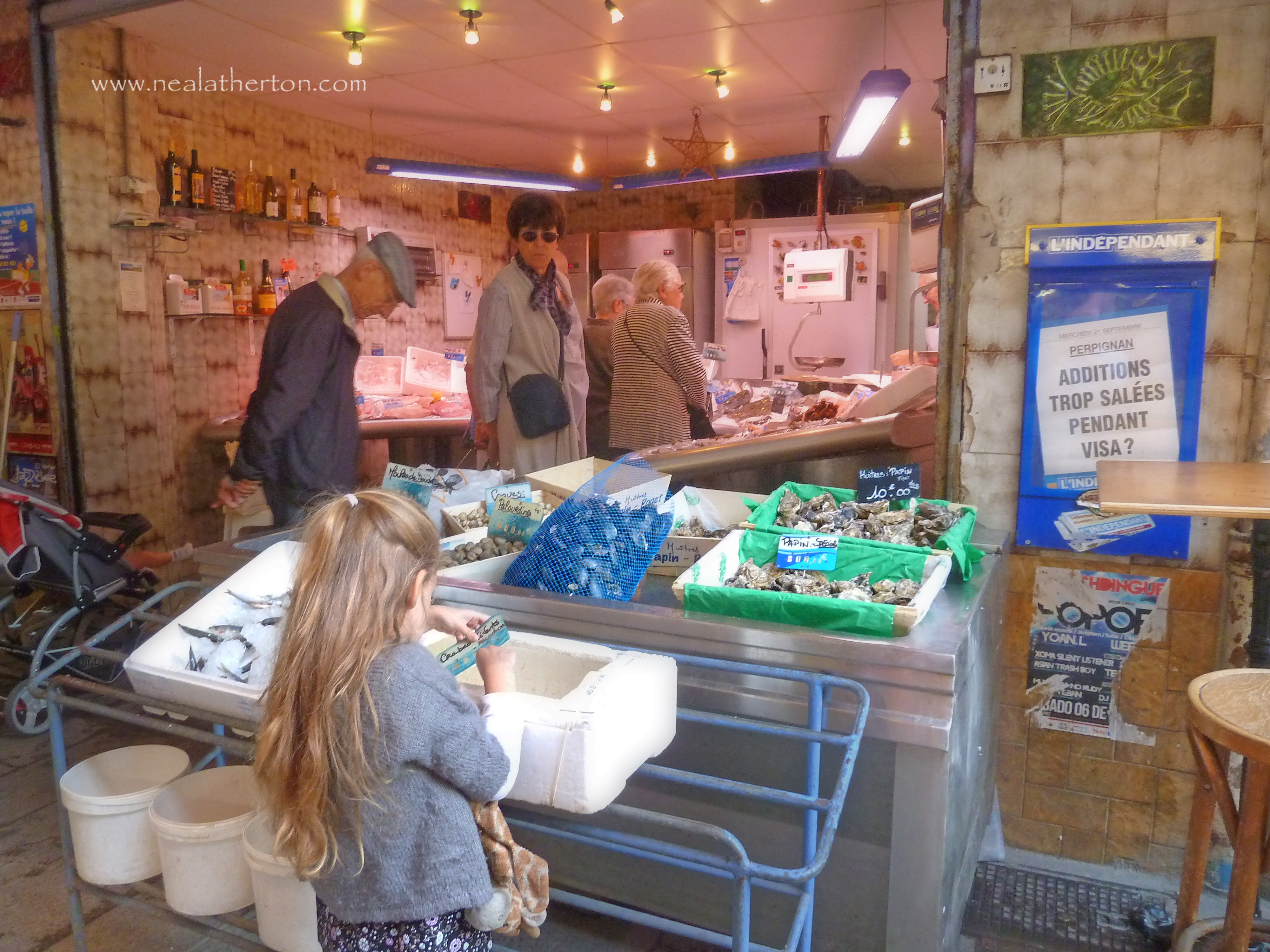 Alt="Charming young girl checking the prices at a fishmonger in Perpignan France"