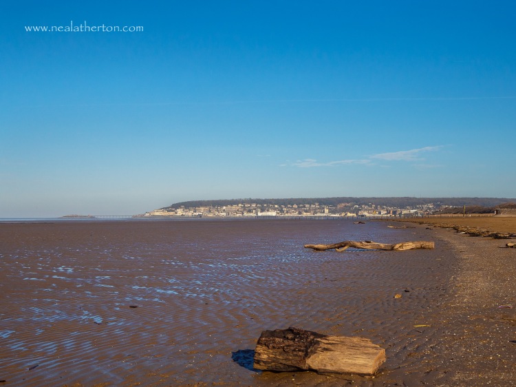 Alt="Driftwood on the shore looking over to Weston Super Mare"
