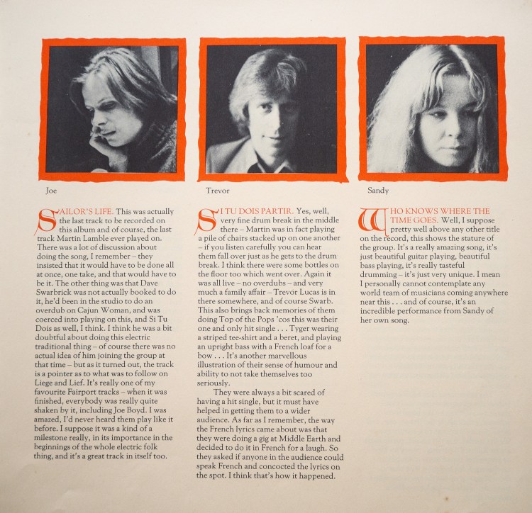 Alt="Inside booklet notes for Fairport Convention vinyl album History of"