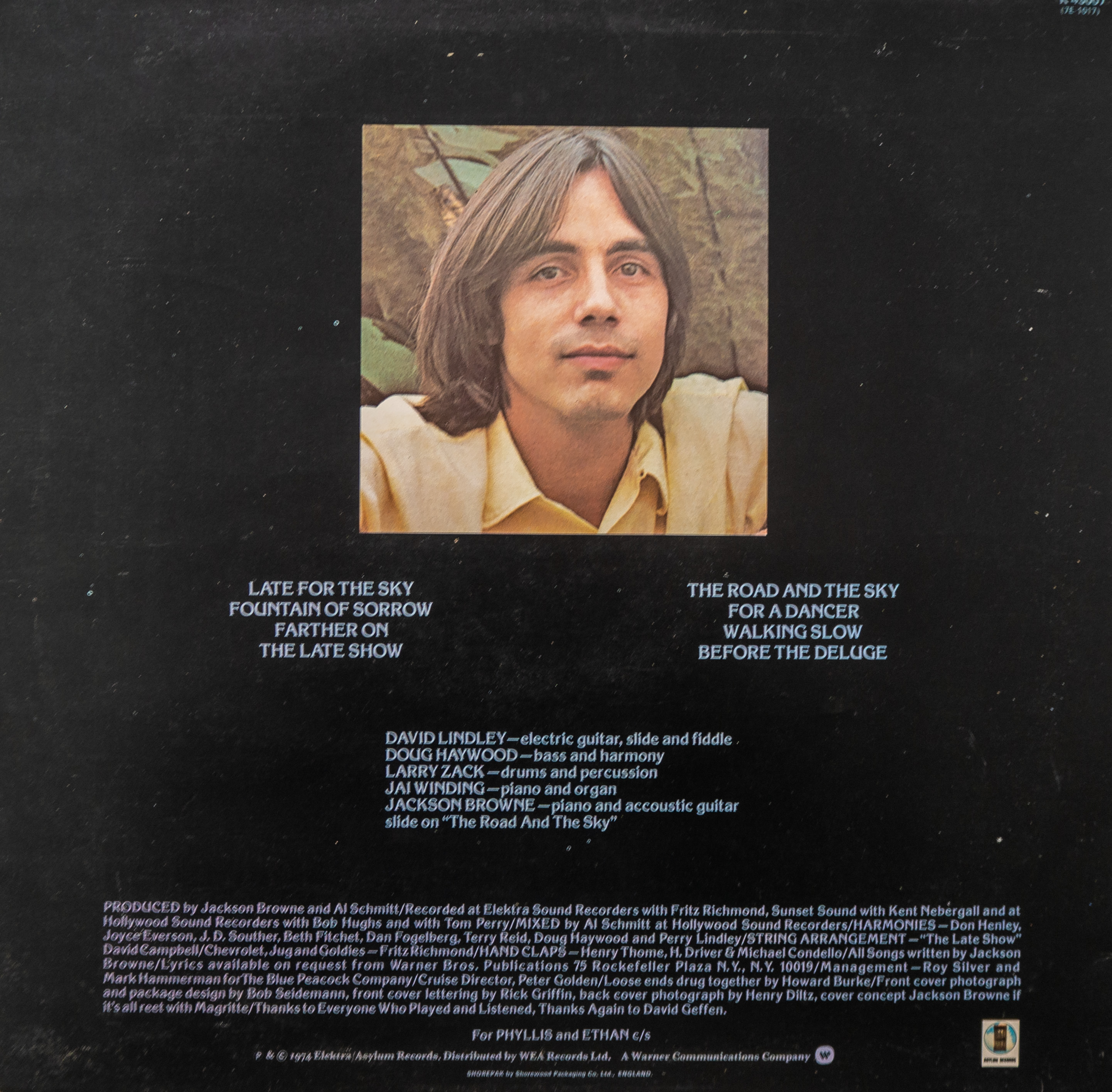 Rear cover of Jackson Bowne Late for the Sky vinyl album