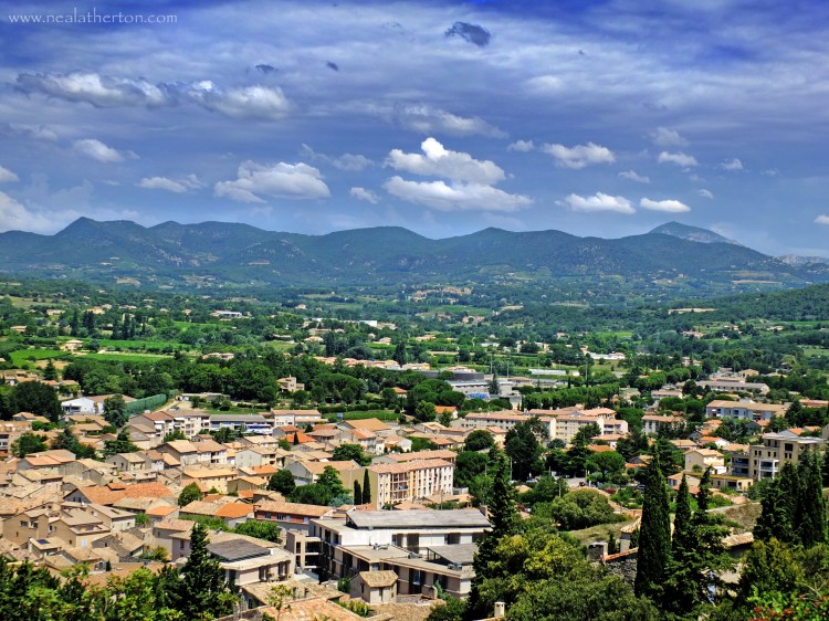 Mountains of Provence and dramatic sky from the old walls of the Roman town of Vaison