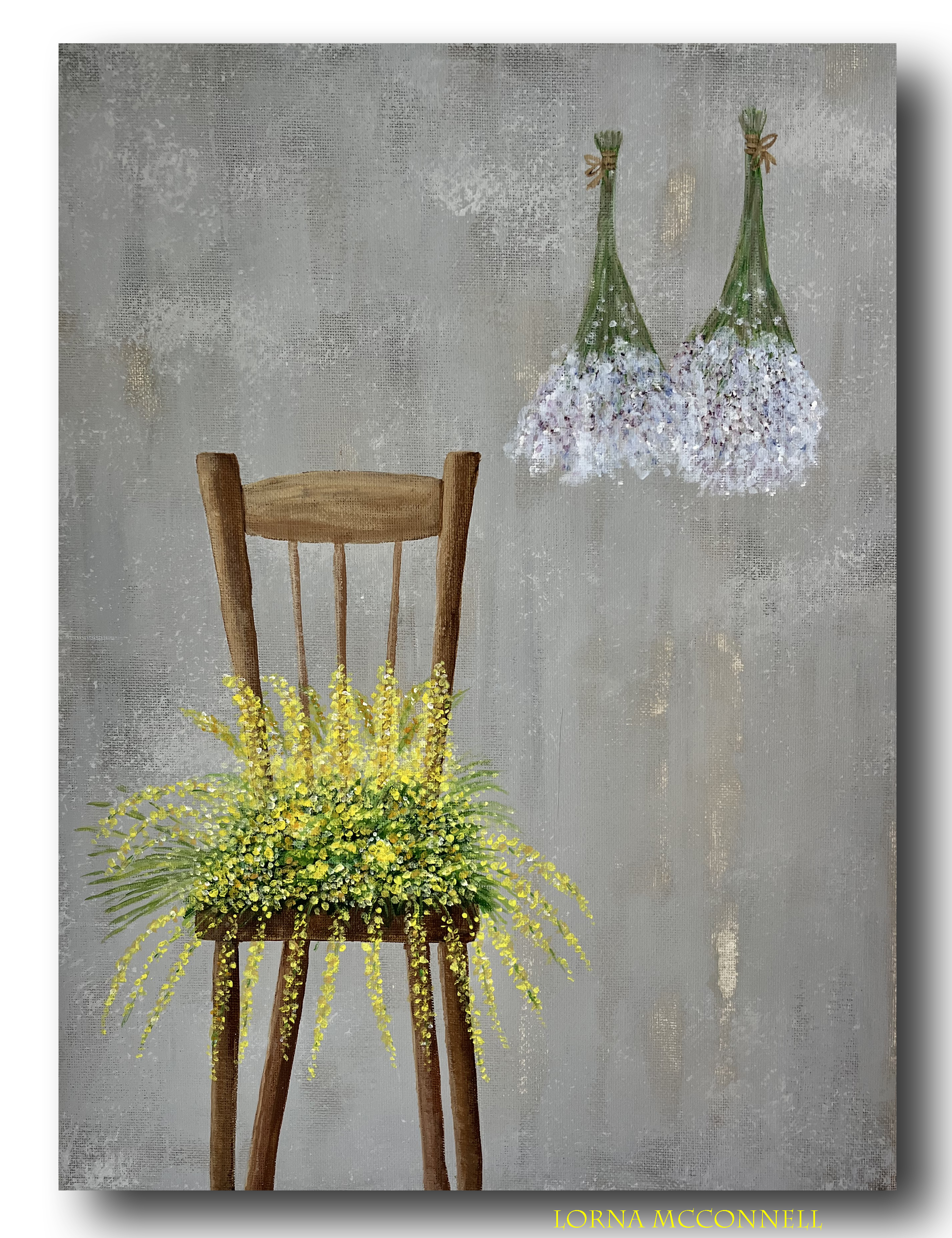 Watercolour painting showing wooden chair and dried flowers against a chalk painted wall by Lorna McConnell