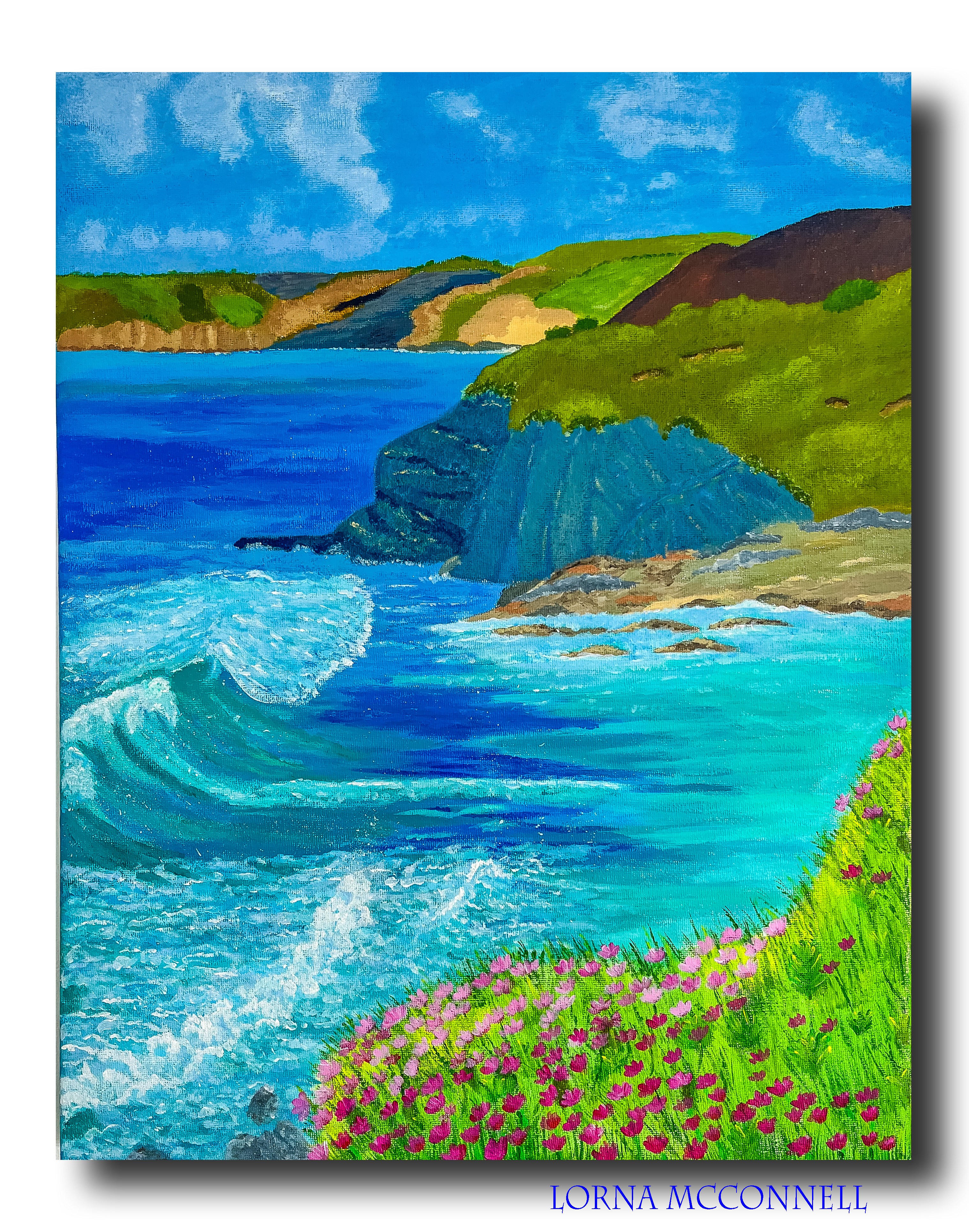 Watercolour painting of Nichols cove Breage Porthleven Cornwall with spring flowers and waves crashing in