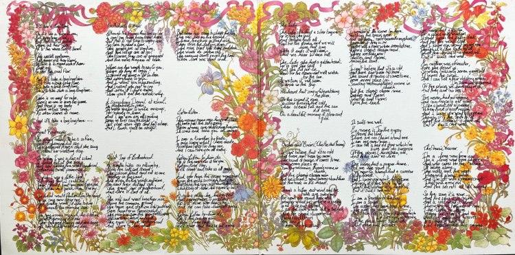The beautiful artwork inner sleeve of the album by Sandy Denny showing hand written lyrics of the songs on the album Sandy surrounded by a beautiful colourful flower drawing by Sandy Denny