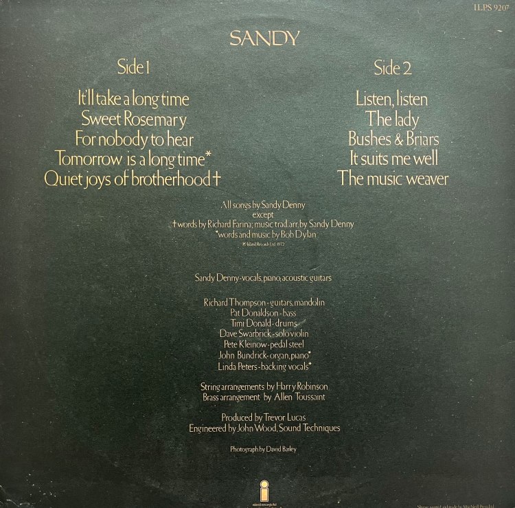Rear album sleeve of the album Sandy by Sandy Denny