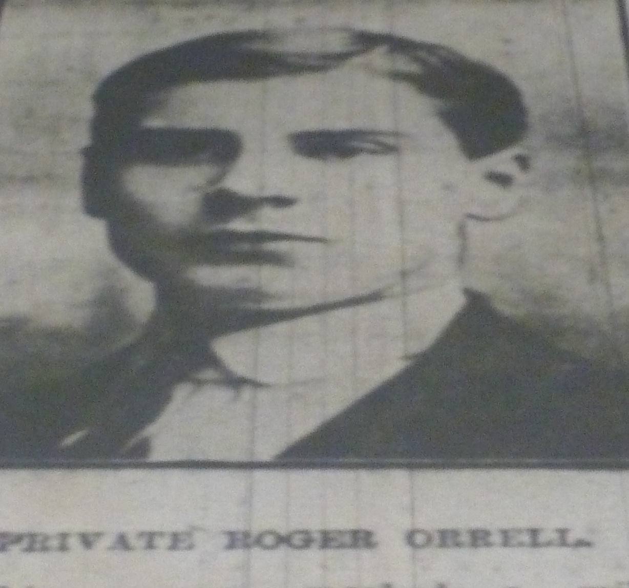 Newspaper photograph of Roger Orrell of the Royal Irish Regiment who died in 1915 after a long fight to survive his injuries in Darwen Lancashire