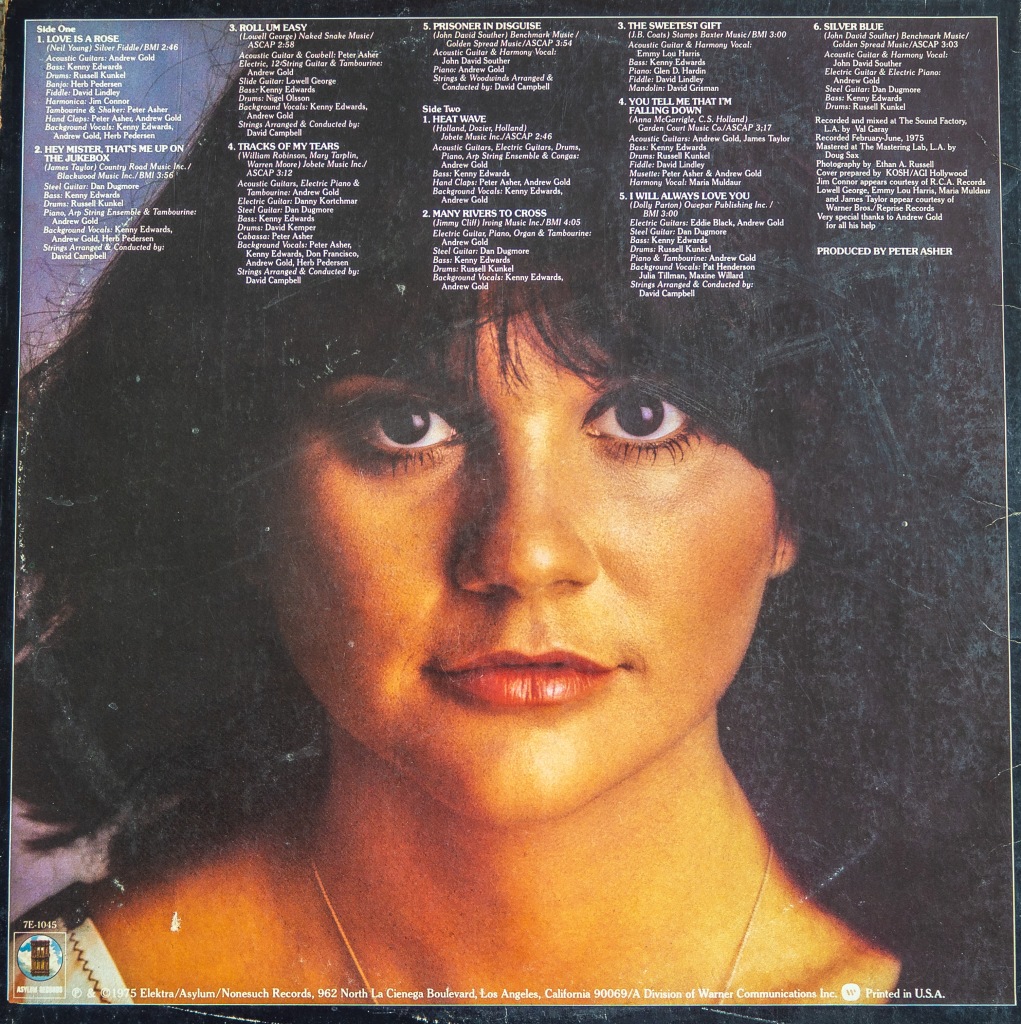 Portrait of Linda Ronstadt on the rear cover of her album Prisoner in Disguise