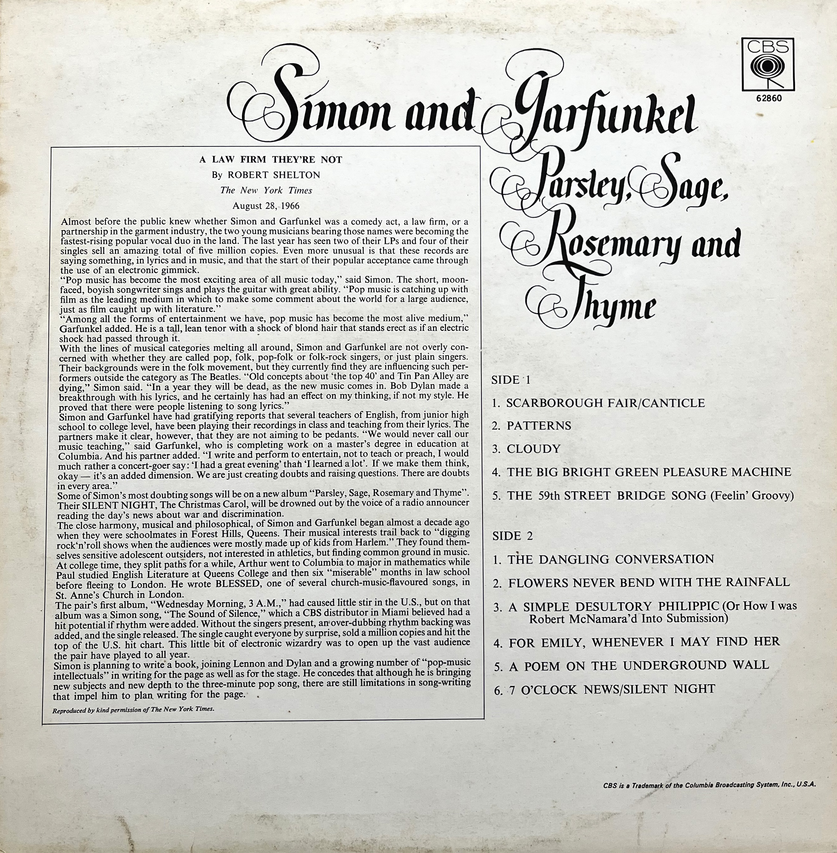 Rear cover of Parsley Sage Rosemary & Thyme with a review by Robert Shelton in the New York Times