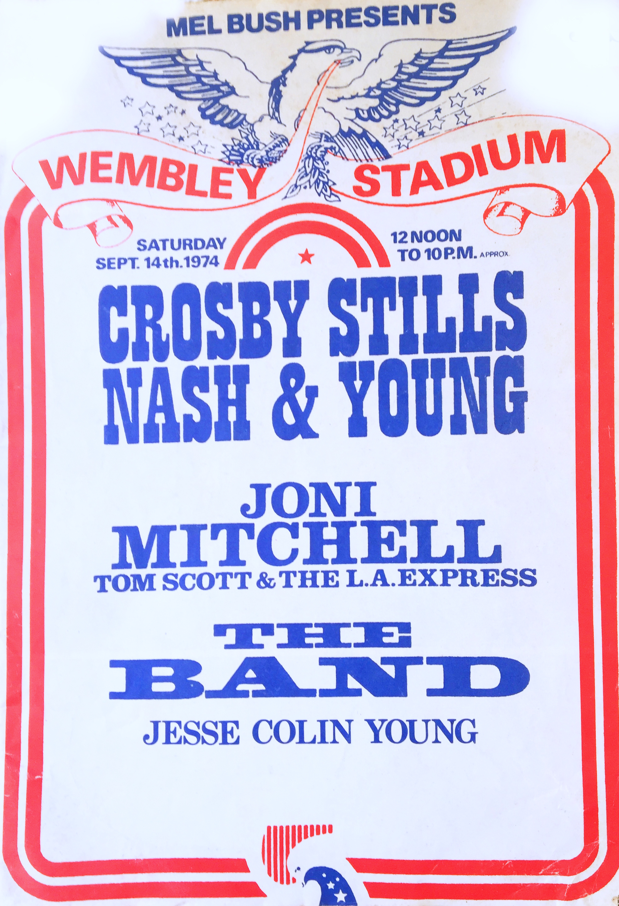 Programme for CSNY London Wembley concert in 1974 featuring Joni Mitchell and the Band