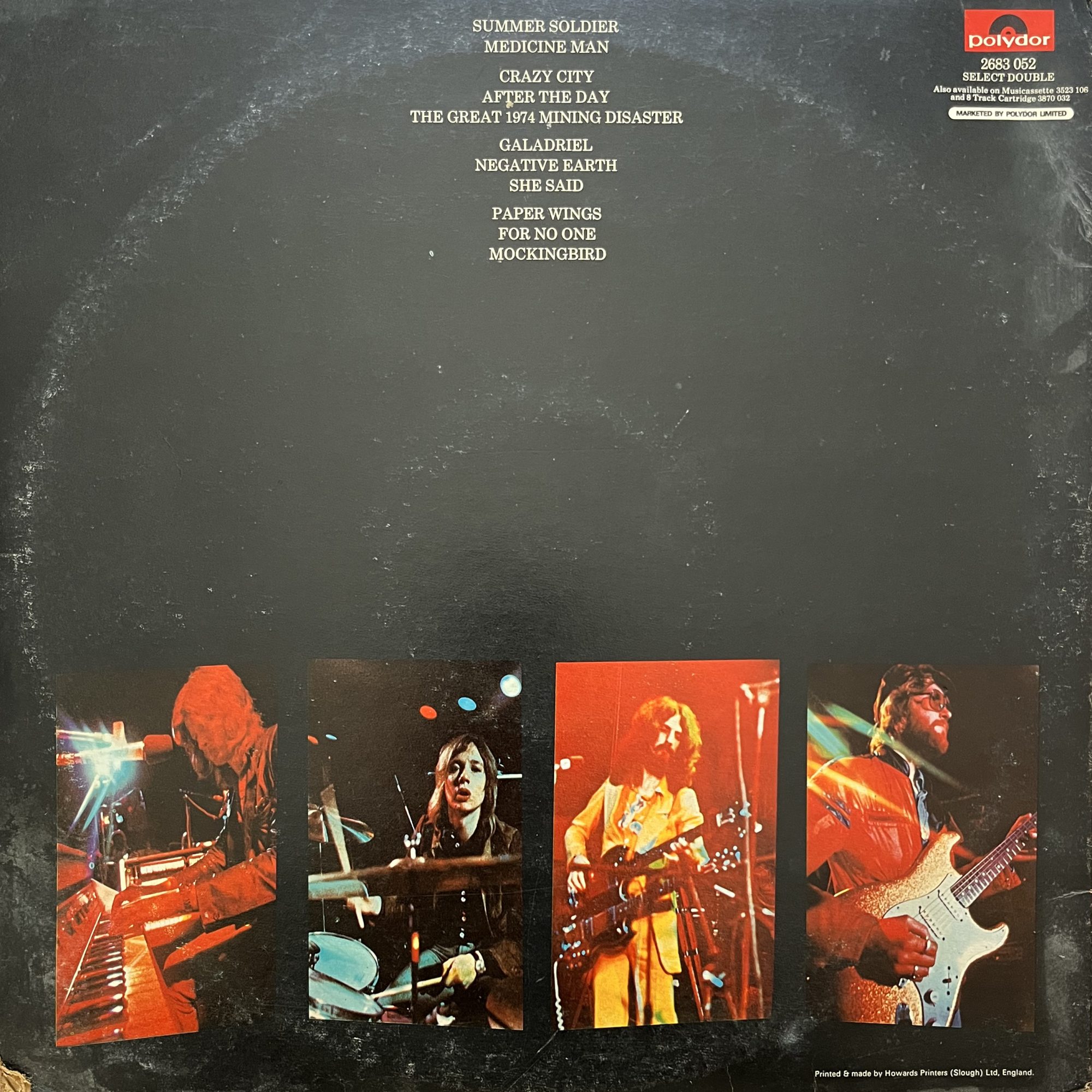 Back cover of my vinyl record of Barclay James Harvest Live showing the track list