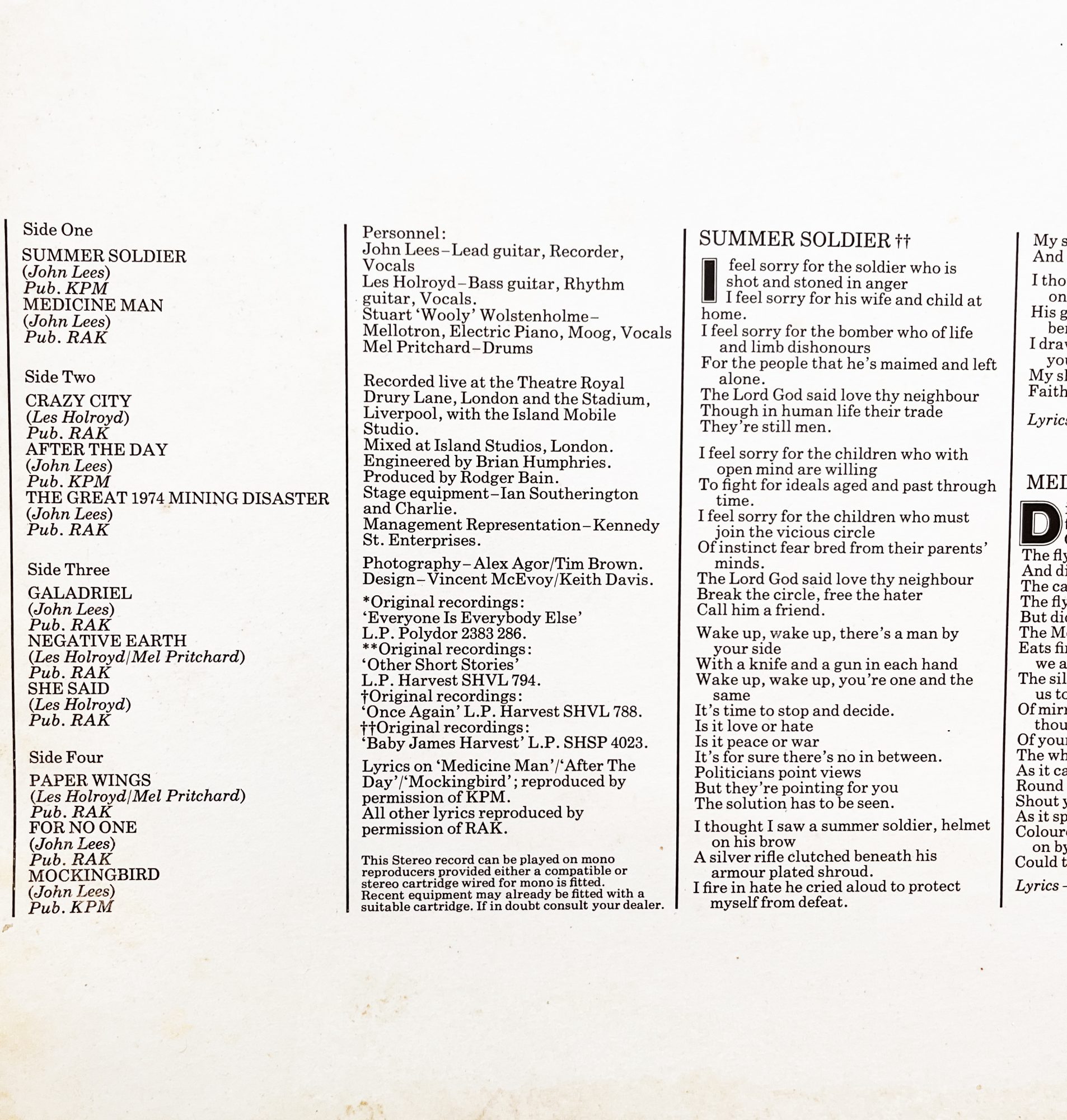 Inner sleeve with lyrics from the vinyl album live from Barclay James Harvest