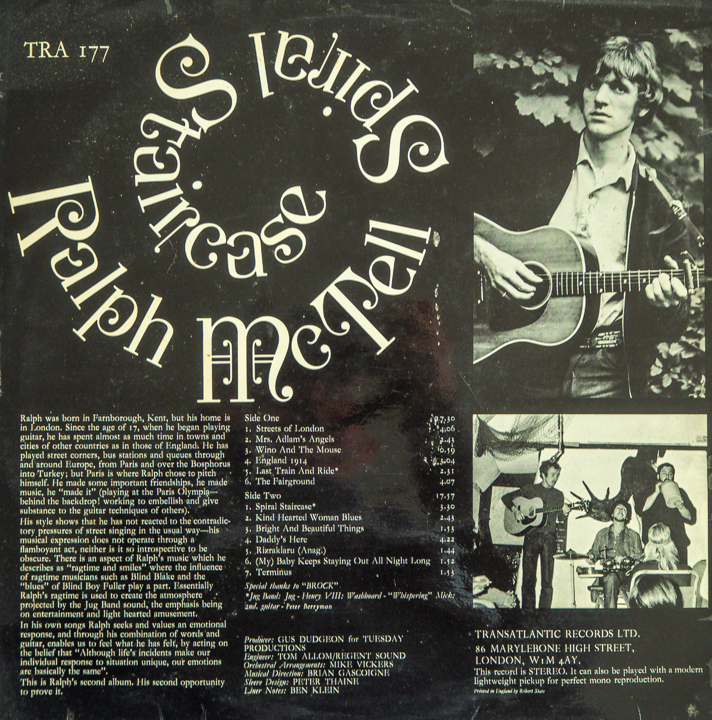 Back cover of Ralph McTell's album Spiral staircase has a write up about Raplh and an early photo of him as a young man with guitar