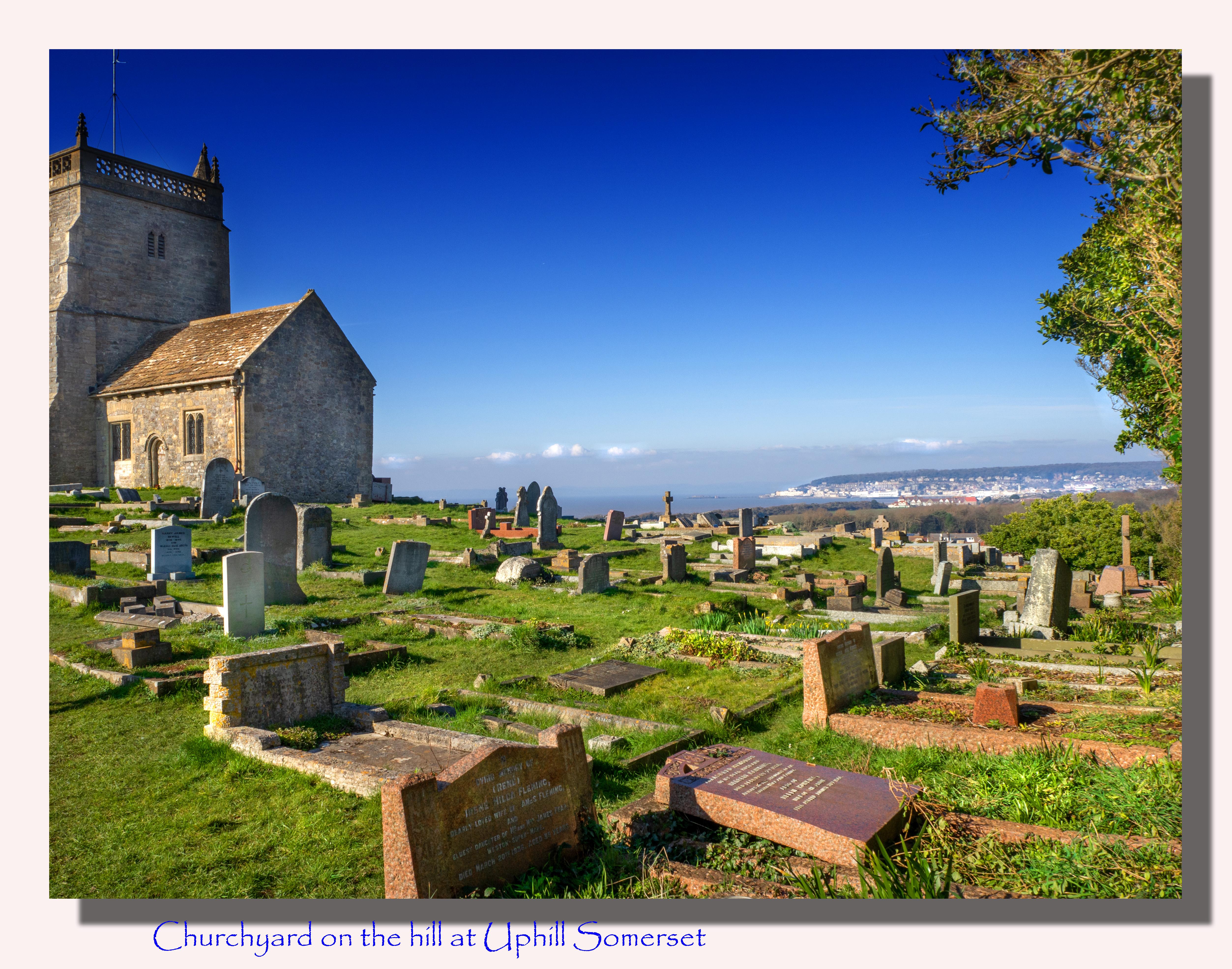 graveyard and grass with norman church over sea bay and town