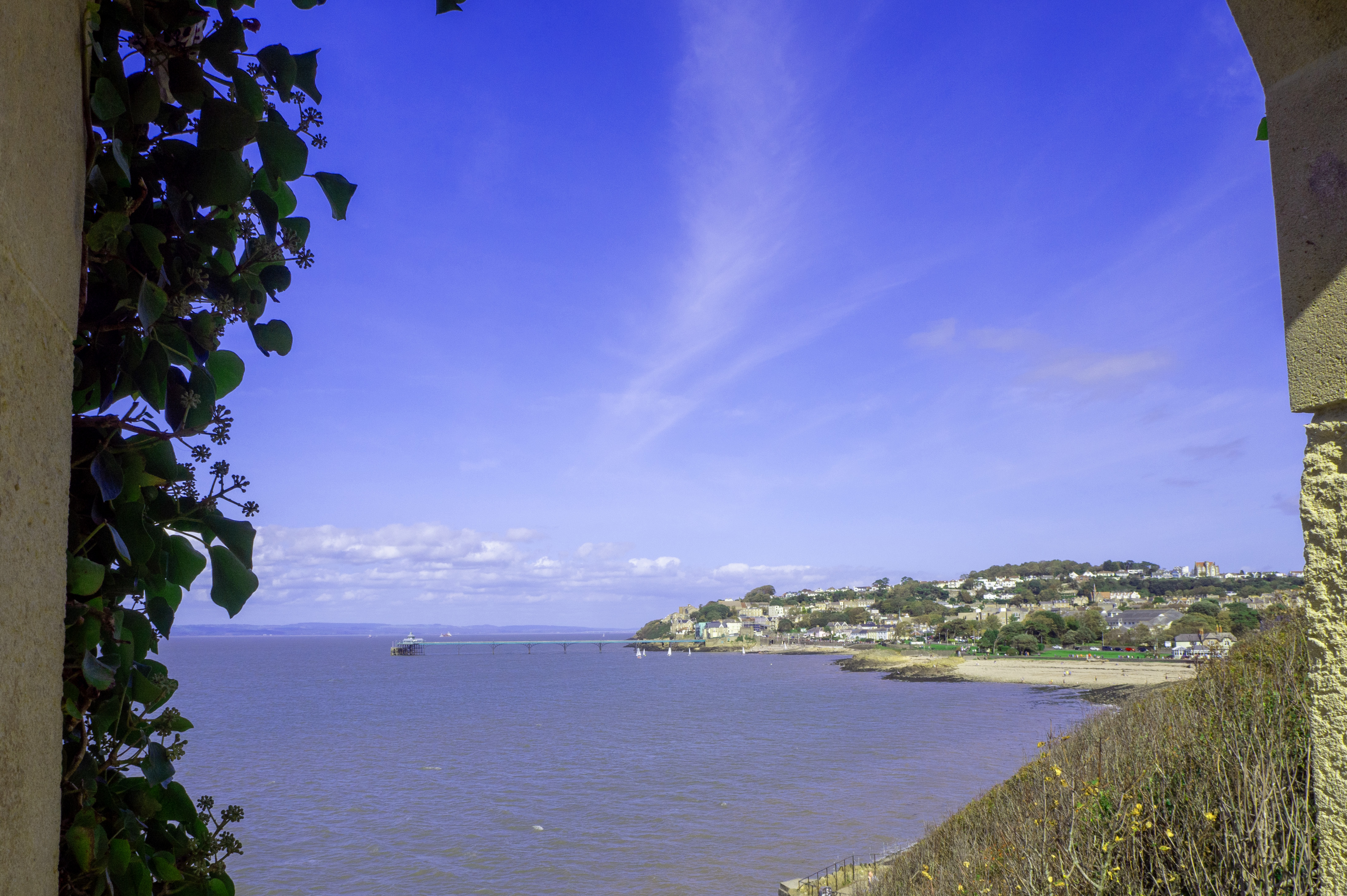 trees and window frame view of pier and town and sea with summer sky