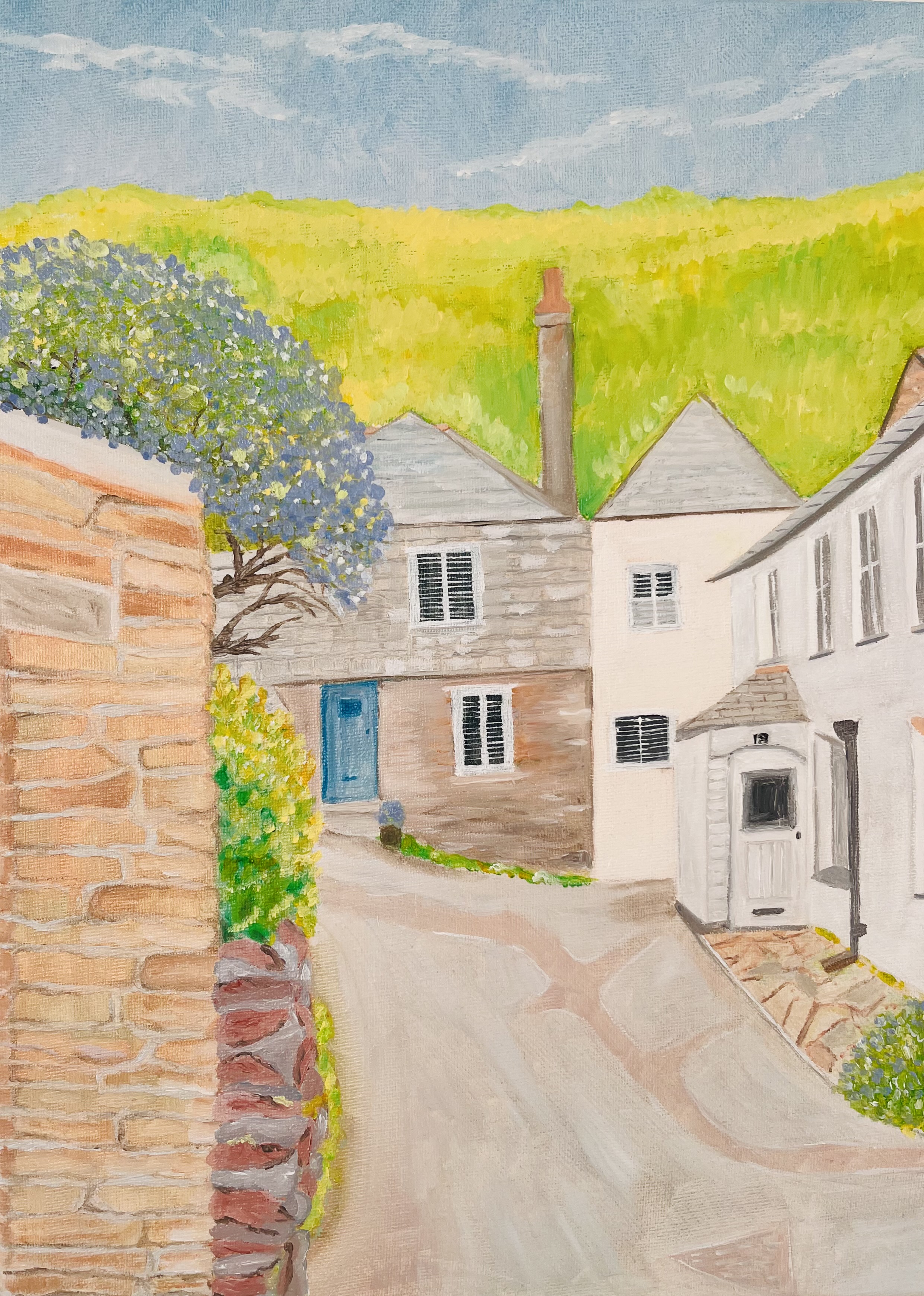 Painting of Middle street cottages in Port Isaac cornwall with lanscape and sky beyond