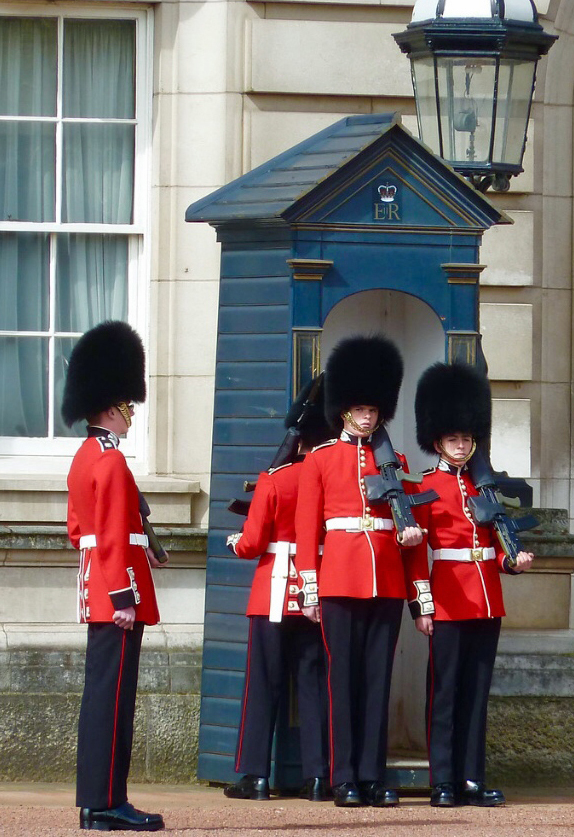 guardsman soldiers drssed in red and bearskins near box in front of palace