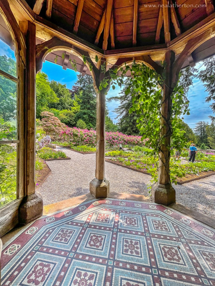 tiled floor in old wooden shelter structure with roses in garden and man near trees