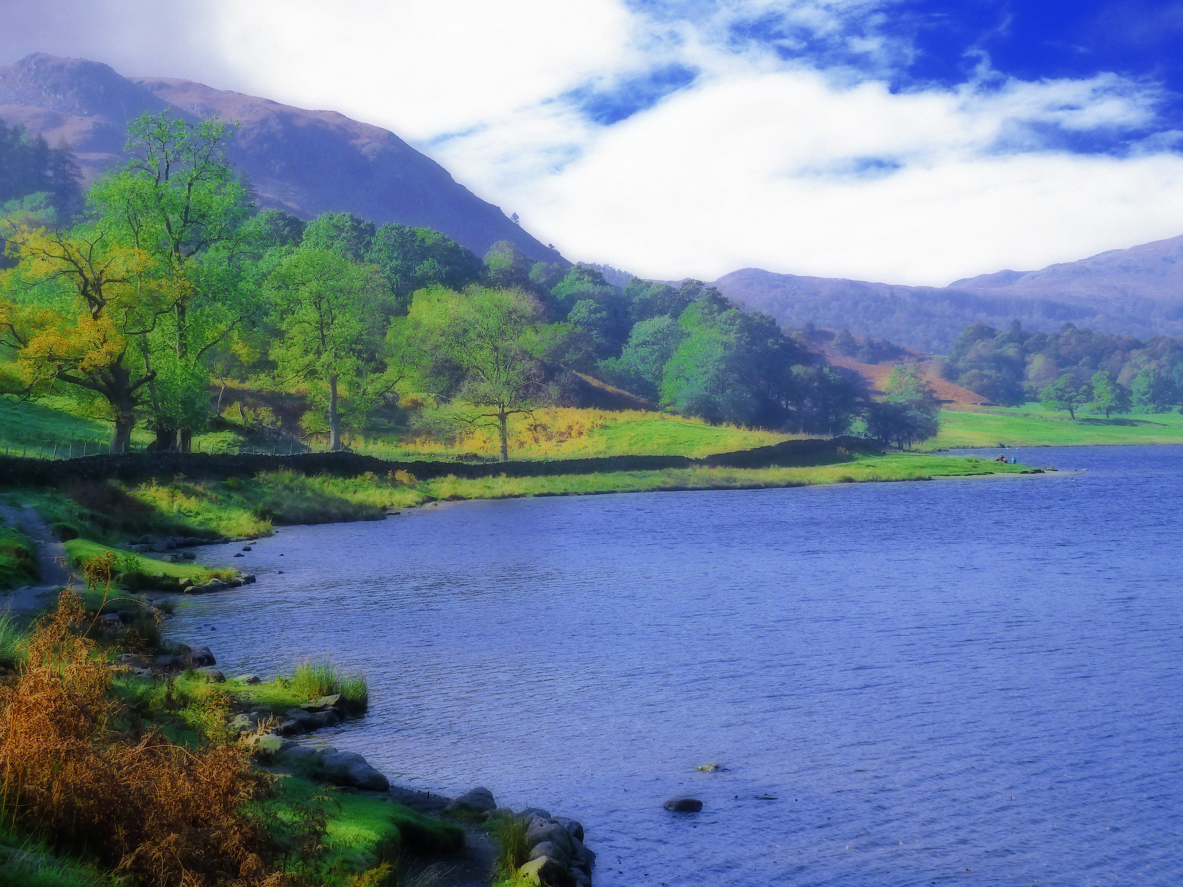 lake with green fields and treees with mountains and cloudy summer sky