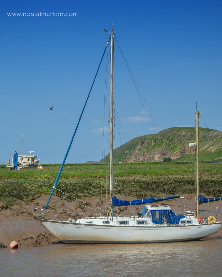 Yacht on river estuary with green field and boat and hill in front of blue sky and bird