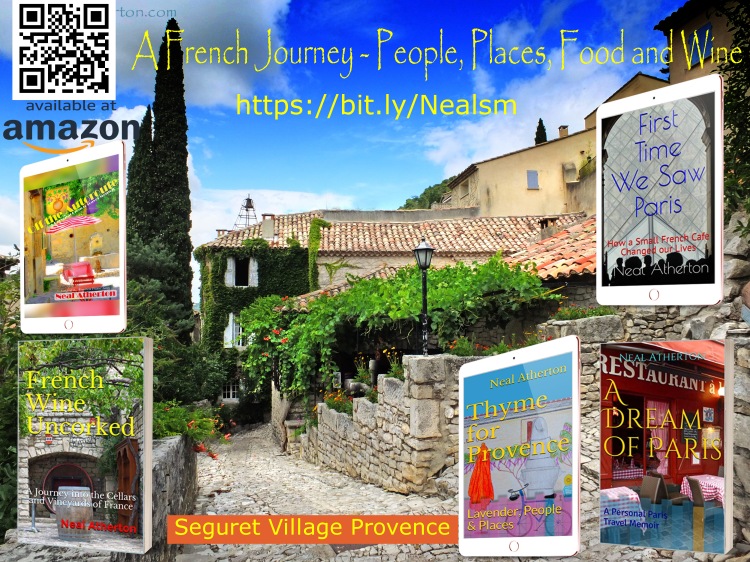 village scene in Provence France with book covers of five french travel books and barcode to amazon kindle