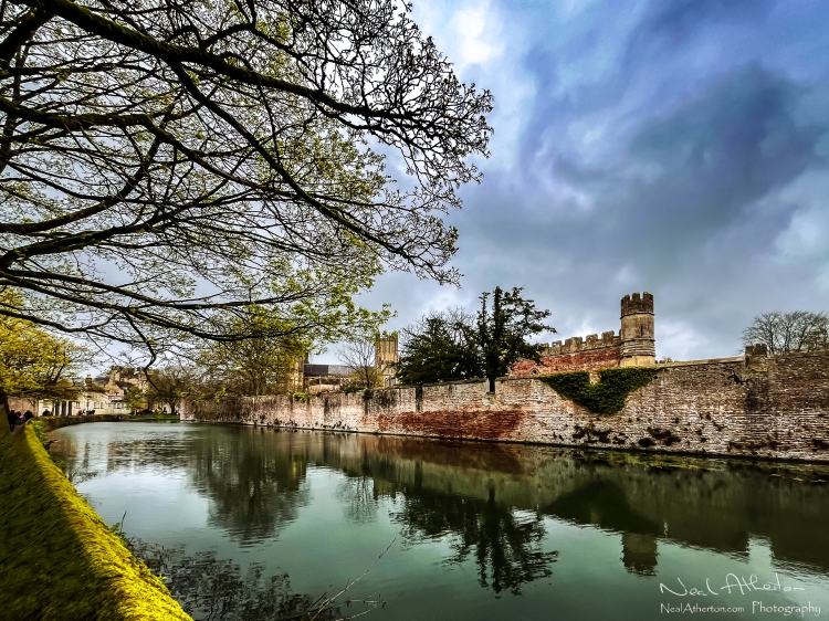 A moat filled with water around a stone wall enclosing a old palace building with tree in foreground and cathedral behind under a stormy sky