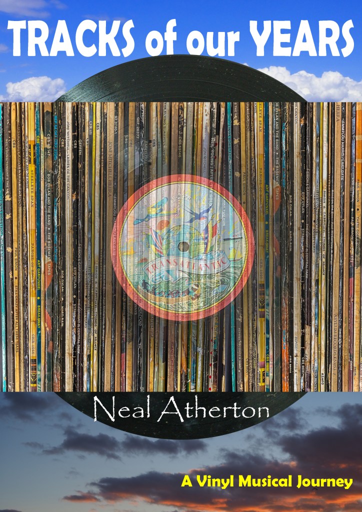 Vinyl record albums stacked together in front of a vinyl disc for a book cover