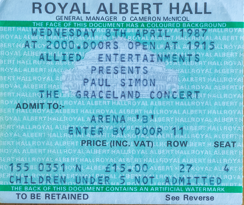 Concert ticket for Royal Albert Hall concert by Paul Simon on the Graceland tour